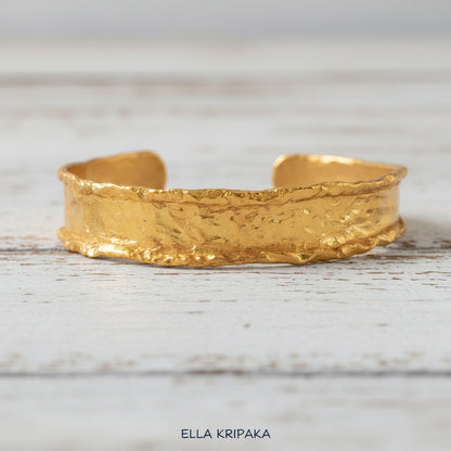 Organic Hammered 24k 9999 Gold 71g Cuff Bracelet 12mm Wavy Borders