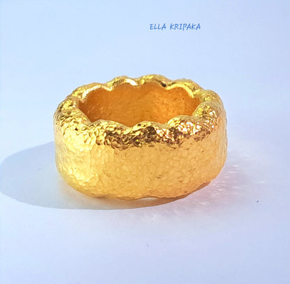 Custom Solid 24k 9999 Gold 36g Hammered Organic Wavy Ring Durable Not Hollow Inside Wide 10mm Thick 3mm