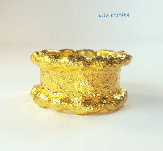 Custom Solid 24k 9999 Gold 25g Organic Uneven Wavy Hammered Ring Durable Wide 11mm Thick 3.5mm Borders