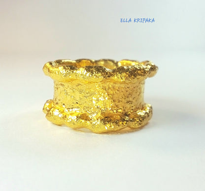 Custom Solid 24k 9999 Gold 17.5g Organic Uneven Wavy Hammered Ring Durable Wide 11mm Thick 2.5mm Borders