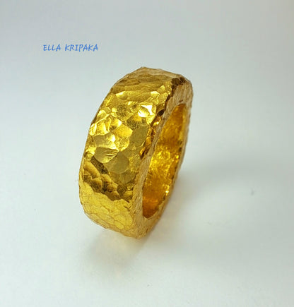 Custom Solid 24k 9999 Gold 15.5g Hammered Organic Uneven Ring Durable Wide 7mm Thick 3.5mm Hollow Inside Discount For 2