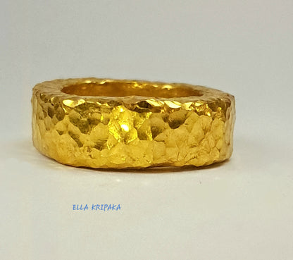 Custom Solid 24k 9999 Gold 15.5g Hammered Organic Uneven Ring Durable Wide 7mm Thick 3.5mm Hollow Inside Discount For 2