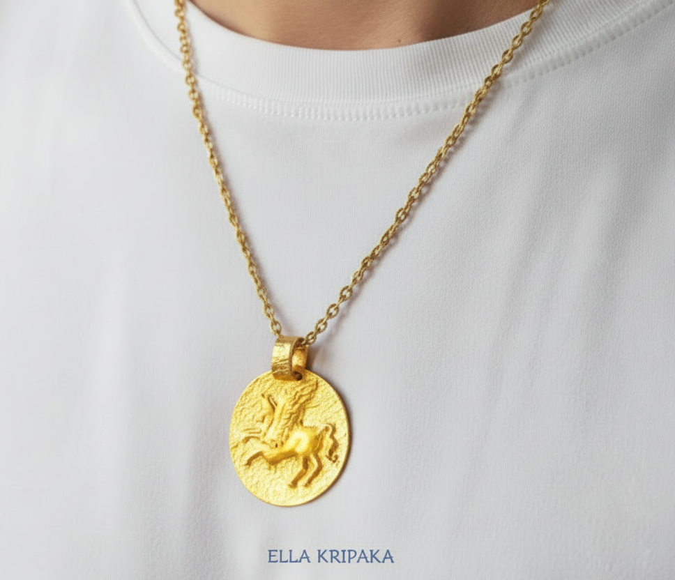 Hammered 24k 9999 gold Ancient Rome pendant with convex Pegasus and with chain on man's neck and with white t-shirt background, branding artist name 'Ella Kripaka'