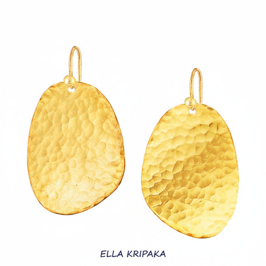 Hammered 24k Gold textured earrings uneven shape ovals on a white background, and with 'Ella Kripaka' branding