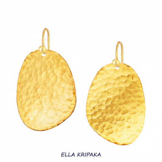 Hammered 24k Gold textured earrings uneven shape ovals on a white background, and with 'Ella Kripaka' branding