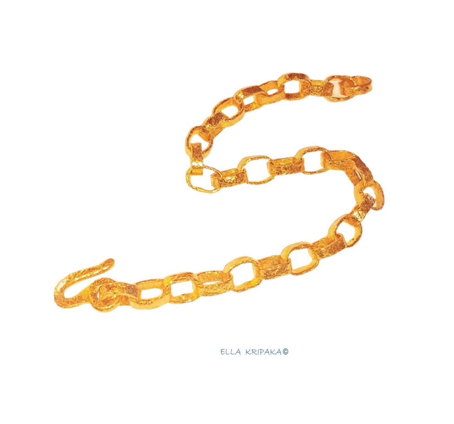 Custom Solid 24k 9999 Gold 48g, Hammered Organic Uneven Chain Bracelet Durable, Link Wide 8mm Thick Hook Clasp