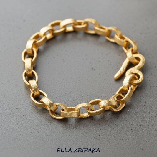 Hammered 24k 9999 gold chain thick bracelet with thick hook clasp Ancient Rome style on a grey background, artist-jeweler name 'Ella Kripaka' branding