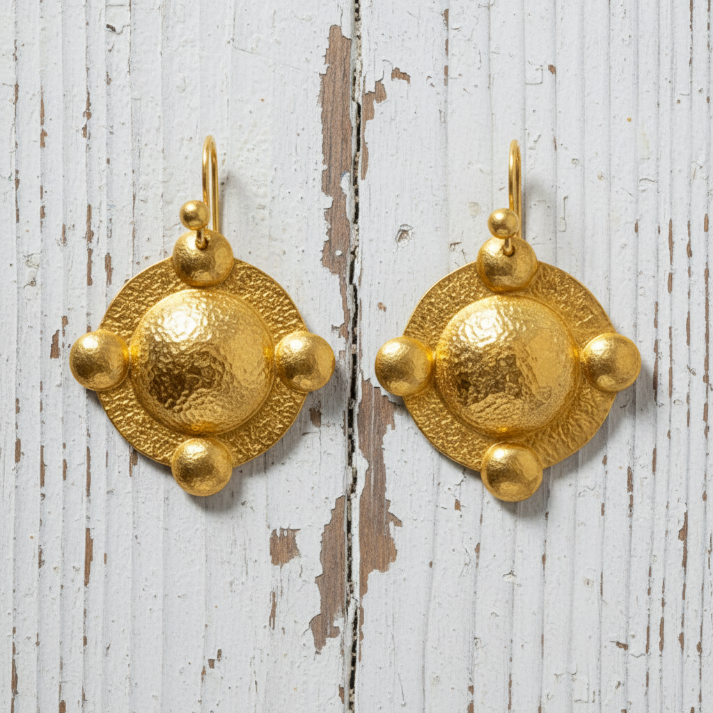 Hammered 24k 9999 Gold 10g &28.5g Byzantine Dome Disks Earrings