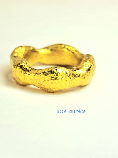 Custom Solid 24k 9999 Gold 24g/size 6US Hammered Organic Ring 6.5mm Thick Can Be 22k Gold