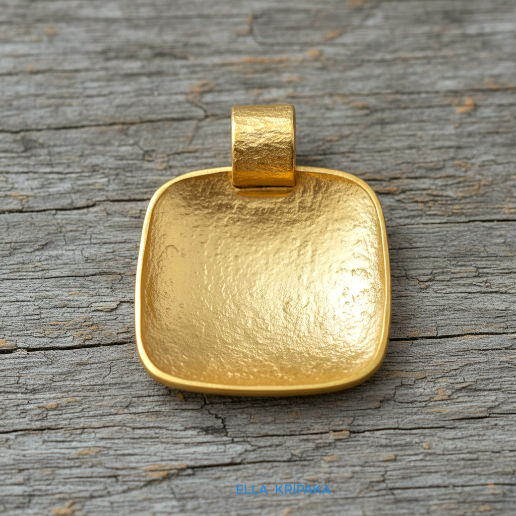 Hammered 24k gold textured convex square pendant backside on rustic wooden surface with 'Ella Kripaka' branding