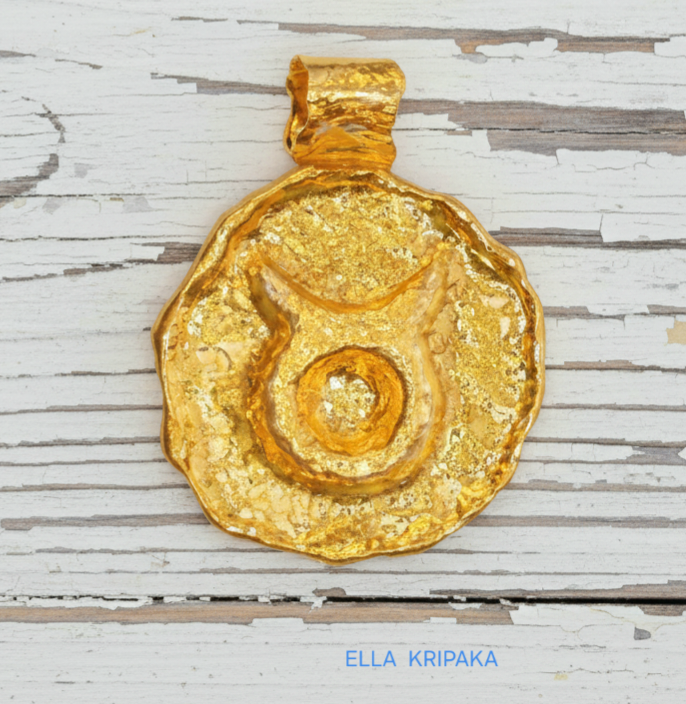 Hammered 24k 9999 gold Organic pendant with Taurus sign, handmade forged 24k gold jewelry, branding artist name 'Ella Kripaka'