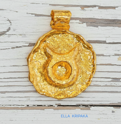 Hammered 24k 9999 gold Organic pendant with Taurus sign, handmade forged 24k gold jewelry, branding artist name 'Ella Kripaka'