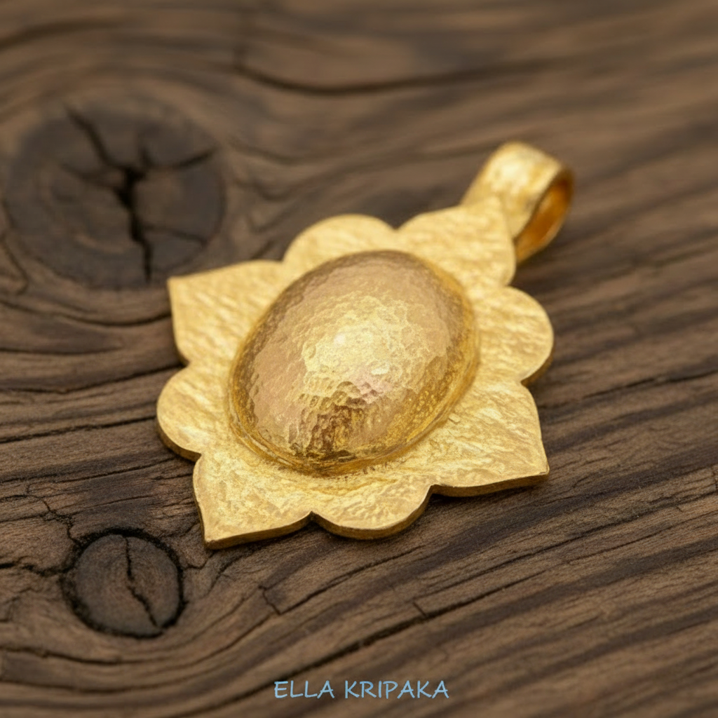 24k 9999 gold hammered Byzantine dome pendant with shiny forged gold textures is on a old rustic wooden surface, artist's name 'Ella Kripaka'