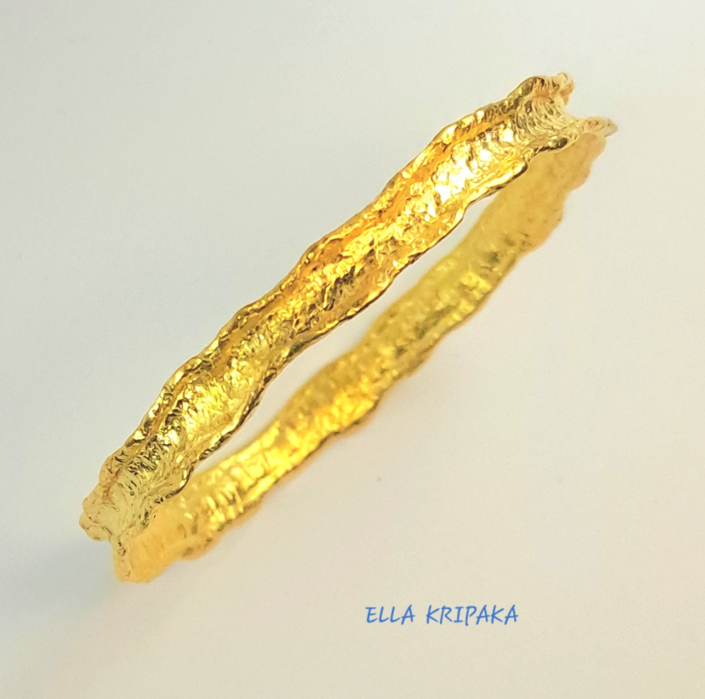 Custom Solid 22k 92.5% Gold 23g Hammered Organic Bracelet Durable Bangle, Thick 2.5mm Wavy Uneven Borders, Wide 7.5mm