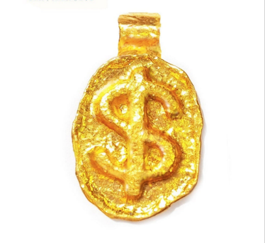 Custom Solid 24k 9999 Gold 9g and 25g, Organic Hammered Pendant Convex Lucky Sign Money Sign Dollar Durable, Length 35mm and 56mm