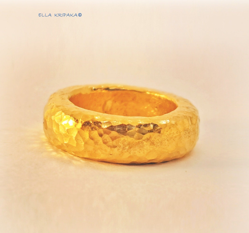 Custom Solid 24k 9999 Gold 13g/size 6US Hammered Ancient Rome Ring 7mm Thick Can Be 22k Gold