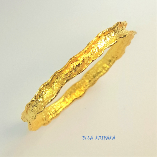 Custom Solid 22k 92.5% Gold 29g Hammered Organic Bracelet Durable Bangle, Thick 2.5mm Wavy Uneven Borders, Wide 8mm