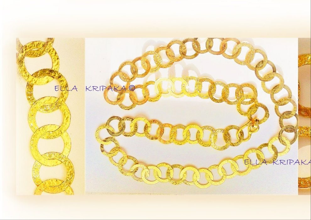 Custom Solid 22k 92.5% Gold 80g Hammered Chain Necklace Durable, Link 17mm, Length 59cm 23in Thick Hook Clasp