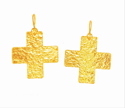Custom Solid 24K 9999 Gold 8g & 25g Hammered Byzantine Cross Earrings 35mm & 55mm Can Be 22k Gold