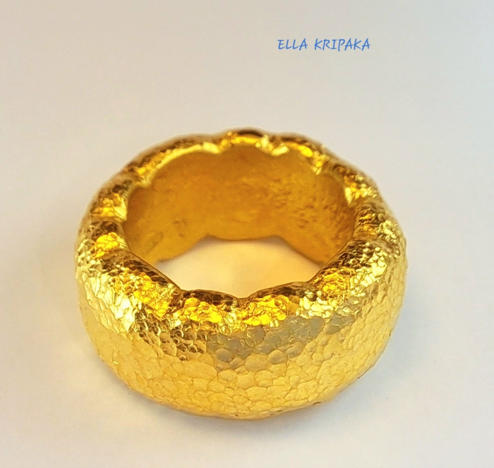 Custom Solid 24k 9999 Gold 41g Hammered Organic Wavy Ring Durable Not Hollow Inside Wide 10mm Thick 3.5mm