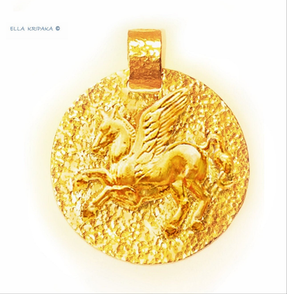 Custom Solid 24k 9999 Gold 13g and 35g, Hammered Disk With Convex Pegasus Ancient Rome, Ancient Greece Pendant Durable, Length 35mm and 56mm