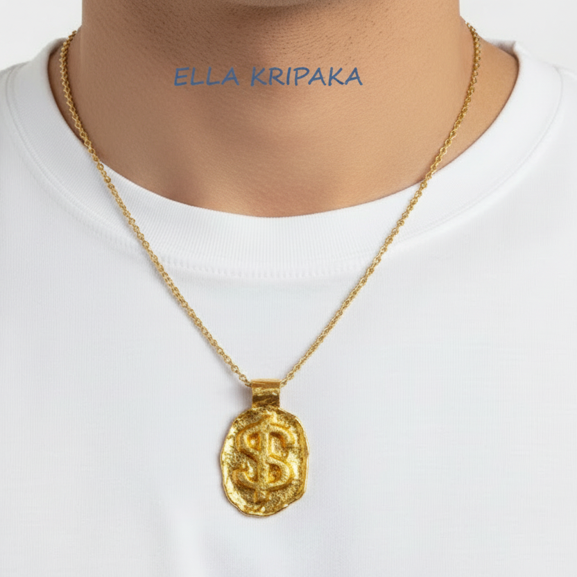 Hammered 24k 9999 Gold organic uneven pendant with convex 'Dollar Sign' with chain is wearing by man in white t-shirt, artist's name 'Ella Kripaka' 