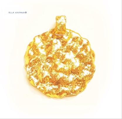 Custom Solid 24k 9999 Gold 6g and 19g, Hammered Organic Wavy Disk Pendant Durable, Length 35mm and 56mm