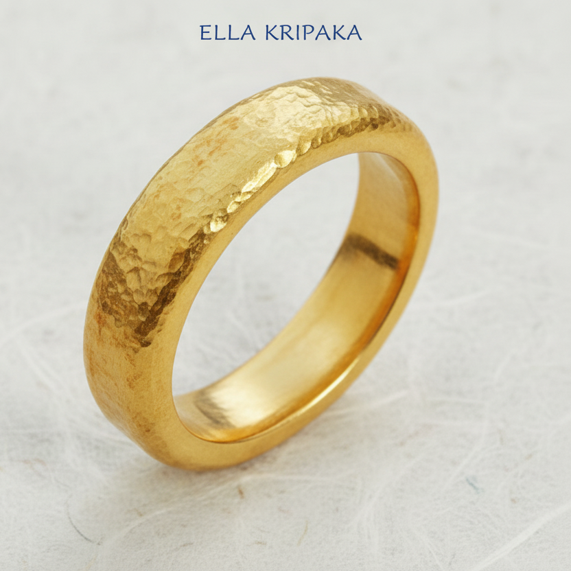 Hammered 24k 9999 Gold thick ring Ancient Rome style with a textured surface on a white paper background, branded 'Ella Kripaka'