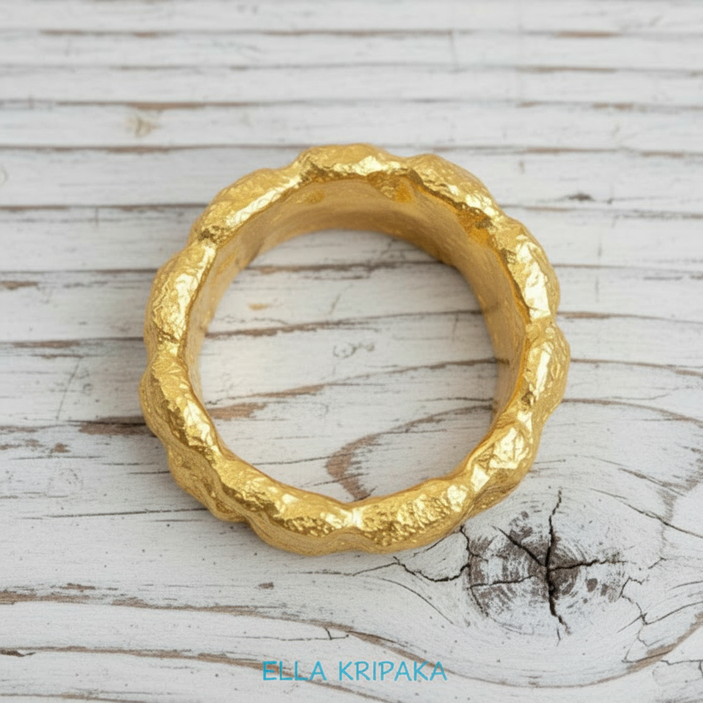 Hammered 24k 9999 Gold 21g Organic Wavy Signet Ring 15mm 2.5mm 22k