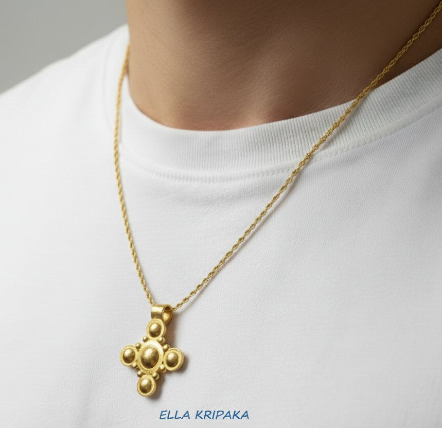 24k 9999 gold hammered Byzantine cross pendant with shiny forged gold textures is with chain wearing on model in white t-short, artist's name 'Ella Kripaka'
