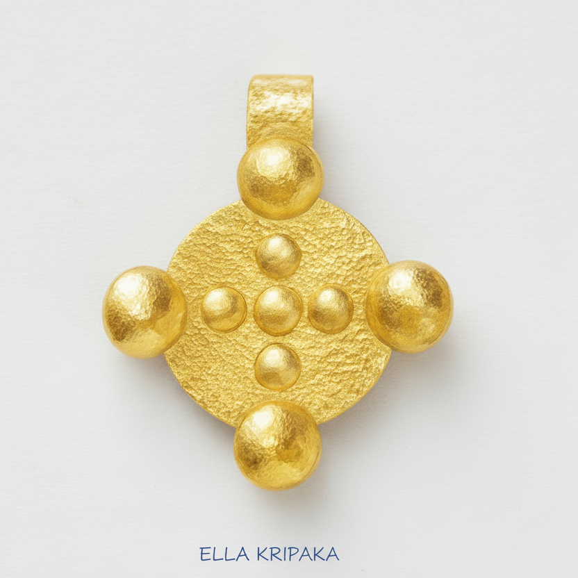 24k 9999 gold hammered Byzantine disk pendant with forged gold textures is on a white surface, artist's name 'Ella Kripaka'