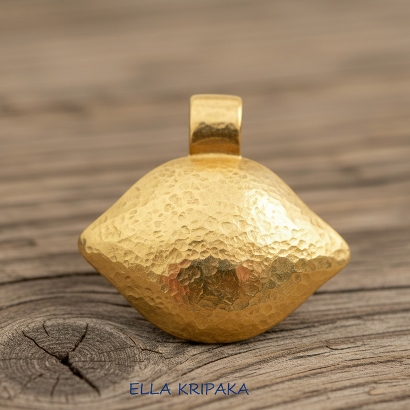 24k 9999 gold hammered Byzantine dome pendant with shiny forged gold textures is on a old wooden surface, artist's name 'Ella Kripaka'