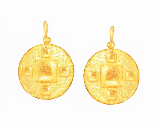 Custom Solid 24K 9999 Gold, 10g and 28g, Hammered Byzantine Empire Convex Pattern Disks Earrings, 35mm and 55mm