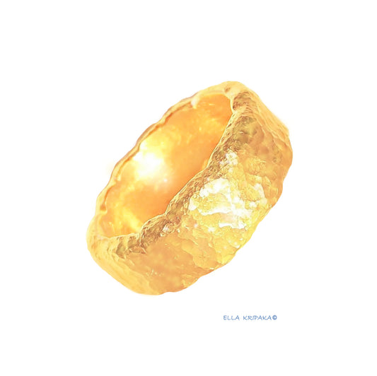 Custom Solid 24k 9999 Gold 23g Organic Wavy Hammered Ring Durable Wide 8.5mm Thick 2.5mm