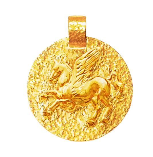 Custom Solid 24k 9999 Gold 13g and 35g, Hammered Disk With Convex Pegasus Ancient Rome, Ancient Greece Pendant Durable, Length 35mm and 56mm