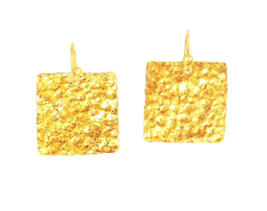 Custom 24K 9999 Gold 11g & 34g Hammered Organic Square Earrings 35mm & 55mm Can Be 22k