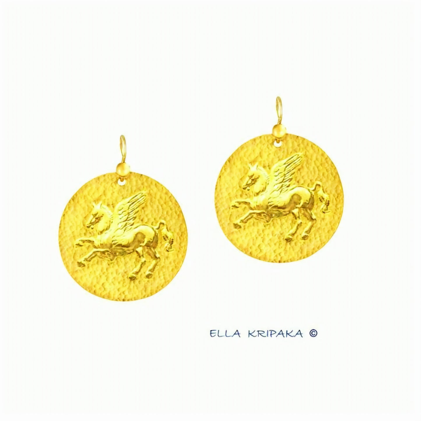 Custom Solid 24K 9999 Gold, 10g and 30g, Hammered Geometric Convex Pegasus Earrings Ancient Greece Ancient Rome, Length 35mm and 55mm