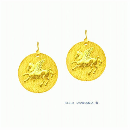 Custom Solid 24K 9999 Gold, 10g and 30g, Hammered Geometric Convex Pegasus Earrings Ancient Greece Ancient Rome, Length 35mm and 55mm