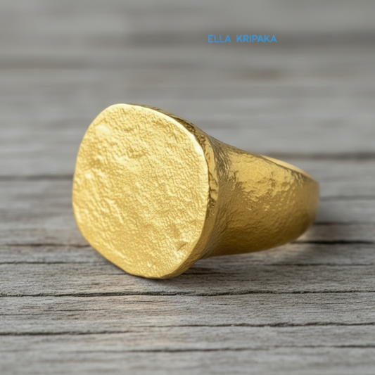 Hammered 24k 9999 Gold ring thick signet Ancient Egypt style and Ancient Rome style and with forged textured gold on a light old wooden  surface, artist-jeweler's name 'Ella Kripaka' branding