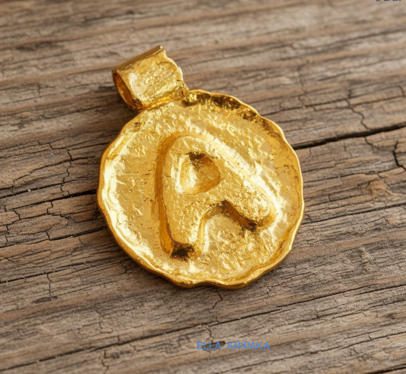 Hammered 24k 9999 Gold organic uneven pendant with letter 'A' on a wooden surface, artist's name 'Ella Kripaka' 