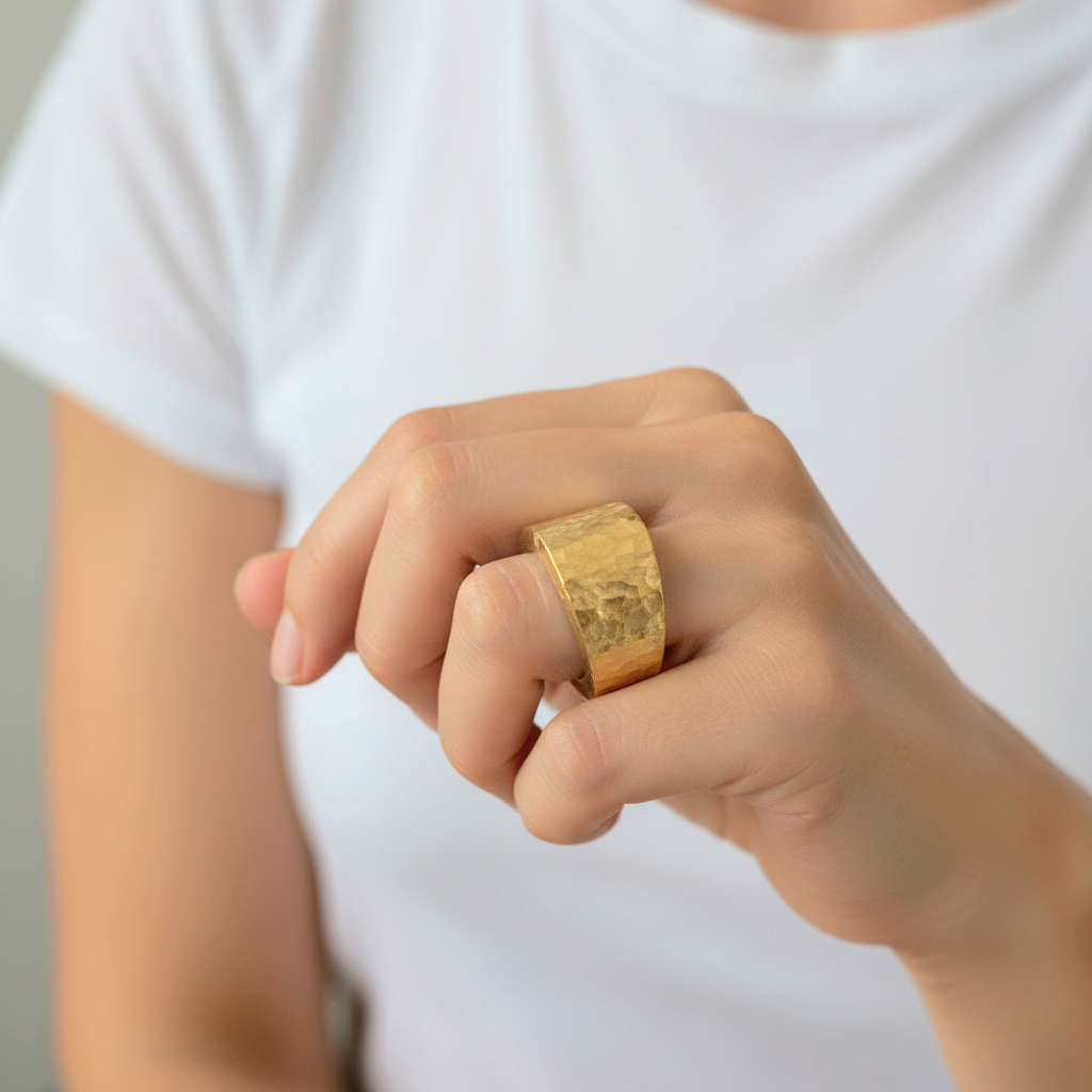 Hammered 24k 9999 Gold ring thick signet and Ancient Rome style and with forged textured gold worn on model's finger and on a white plain background, artist-jeweler's name 'Ella Kripaka' branding