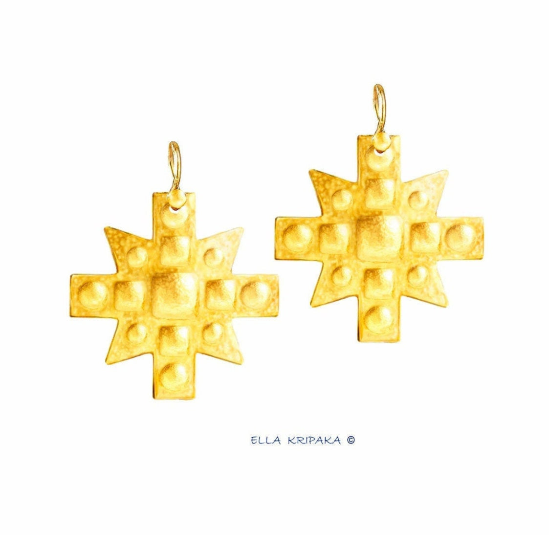 Custom Solid 24K 9999 Gold, 8.5g and 25g, Hammered Byzantine Empire Cross Convex Pattern Earrings, 35mm and 55mm