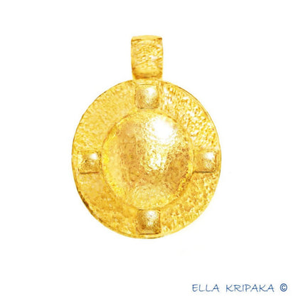 Custom Solid 24k 9999 Gold 9g and 25g, Hammered Byzantine Empire Convex Pattern Dome Pendant Durable, Length 35mm and 56mm