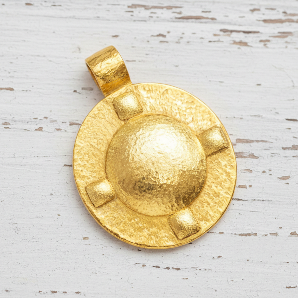 Hammered 24k Gold dome oval pendant with 4 convex squares on a white rustic wooden background with 'Ella Kripaka' branding