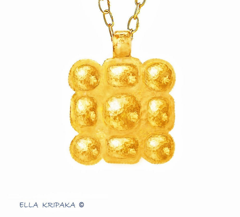 Custom Solid 24k 9999 Gold 11g and 36g, Hammered Byzantine Empire Convex Pattern Square Pendant Durable, Length 35mm and 56mm