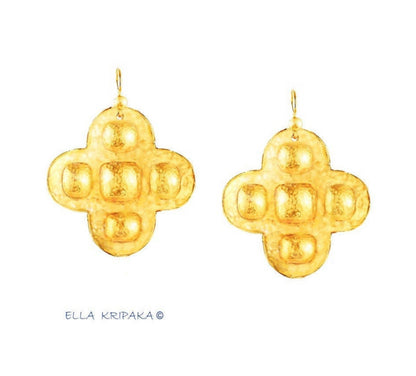 Custom Solid 24K 9999 Gold, 8.5g and 25g, Hammered Byzantine Empire Cross Convex Pattern Earrings, 35mm and 55mm