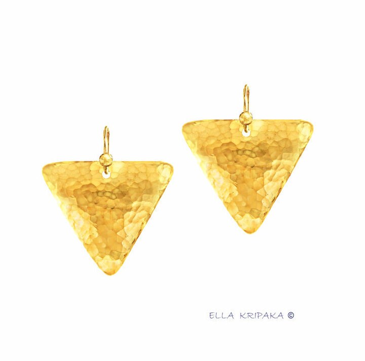 Custom Solid 24K 9999 Gold, 9g and 26g, Dome Hammered Triangles Ancient Greece Ancient Rome Earrings, 35mm and 50mm