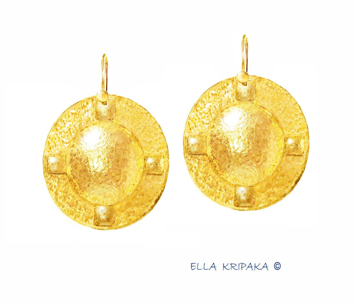 Custom Solid 24K 9999 Gold, 9.5g and 26g, Hammered Byzantine Empire Convex Pattern Dome Earrings, 35mm and 55mm