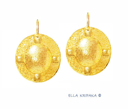 Custom Solid 24K 9999 Gold, 9.5g and 26g, Hammered Byzantine Empire Convex Pattern Dome Earrings, 35mm and 55mm