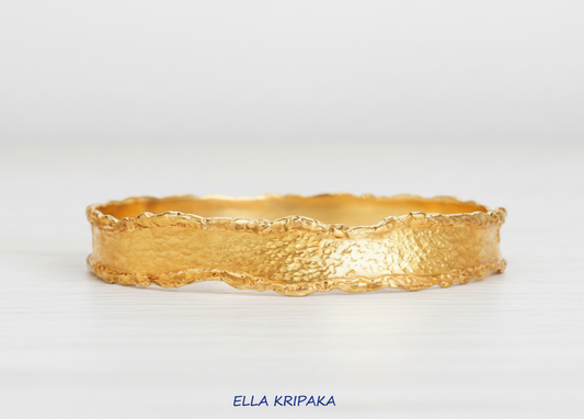 Organic 24k gold 9999 gold hammered bangle thick bracelet with uneven edges, forged 24k gold jewelry, artist-jeweler 'Ella Kripaka'